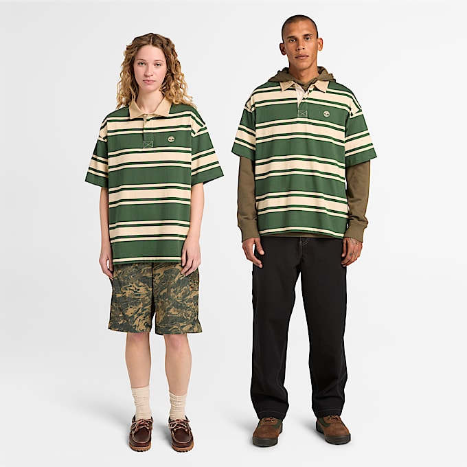Polo Rugby a Righe a Maniche Corte All Gender in verde scuro/beige