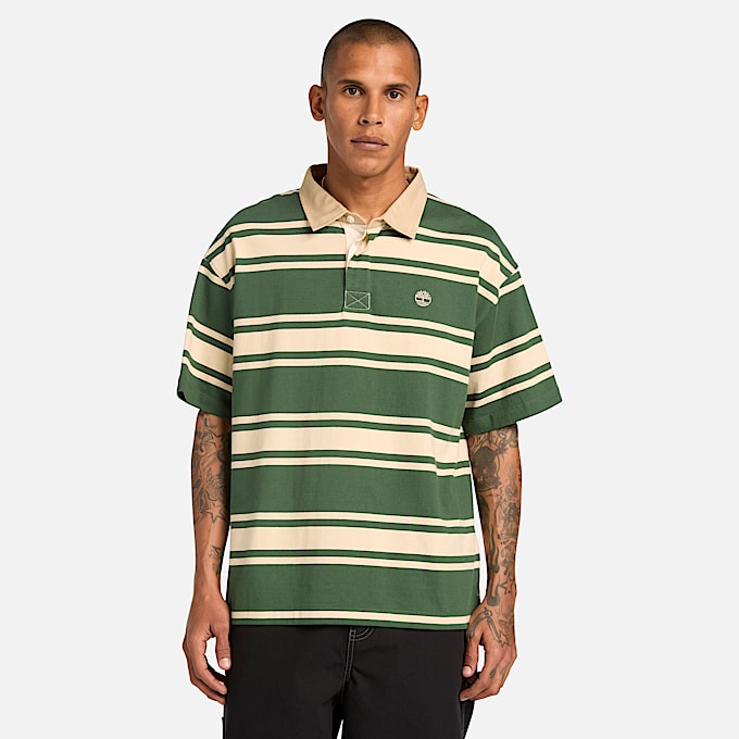 All Gender Striped ShortSleeve Rugby Polo in Dark GreenBeige TBL Green ALT3