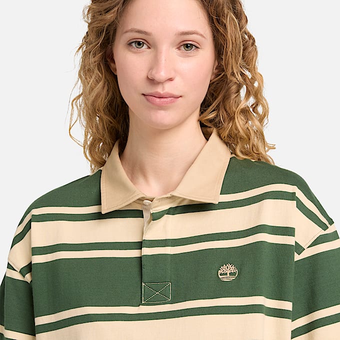 Polo Rugby a Righe a Maniche Corte All Gender in verde scuro/beige