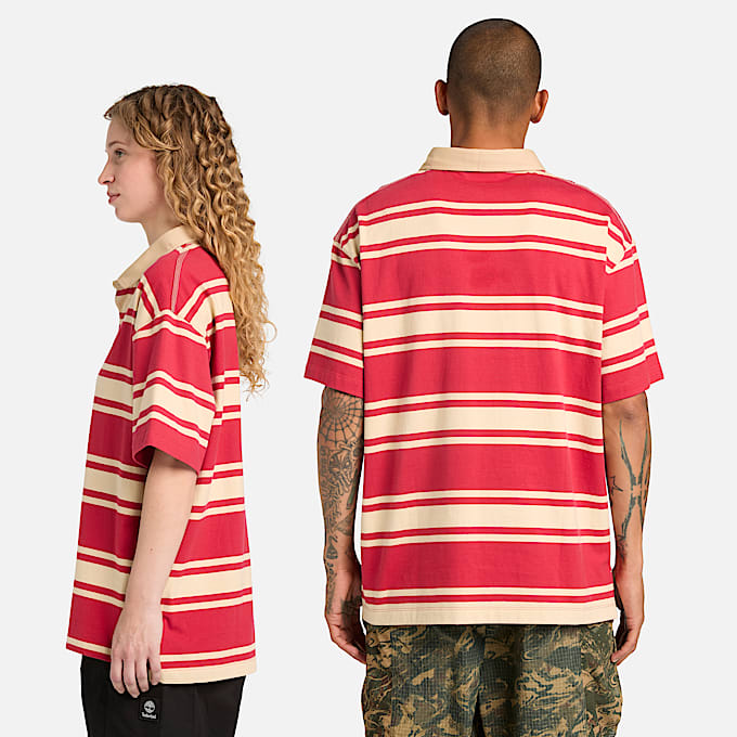 All Gender Striped Short-Sleeve Rugby Polo in Red