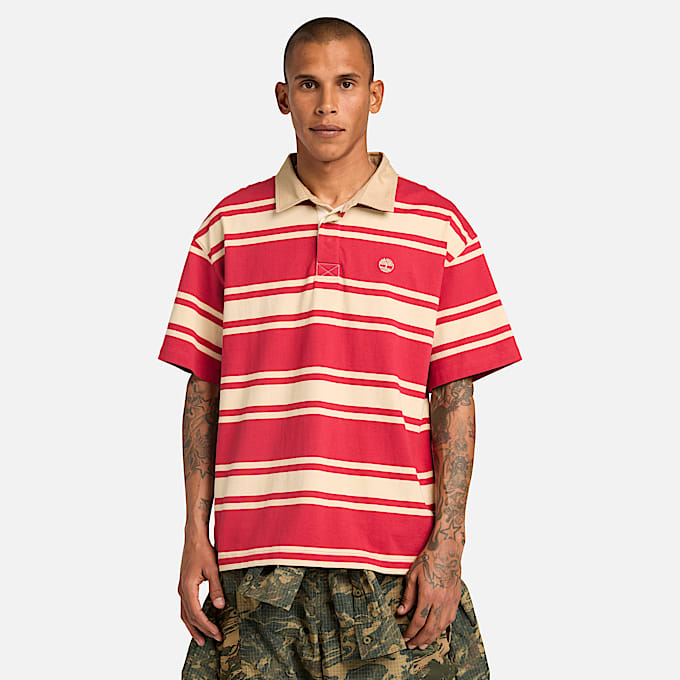 All Gender Striped Short-Sleeve Rugby Polo in Red