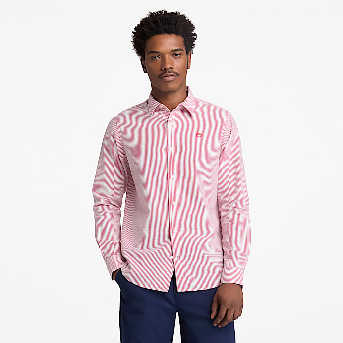 Chemise rayée à manches longues en seersucker pour homme en Rouge