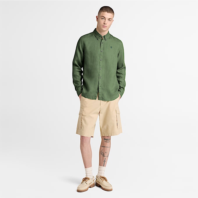 Mill Brook Linen Shirt for Men in Dark Green TBL Green ALT2