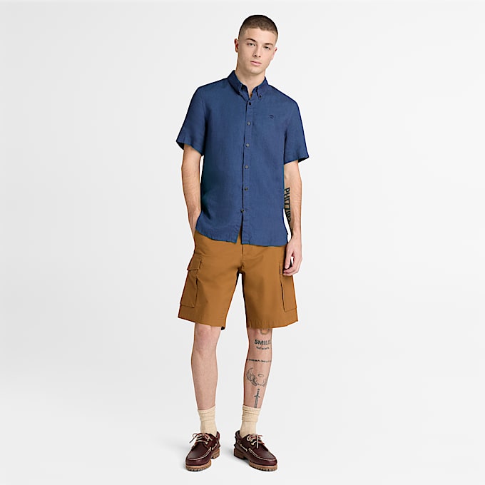 Camisa de Manga Curta em Linho Mill Brook para Homem em azulescuro TBL azul ALT2