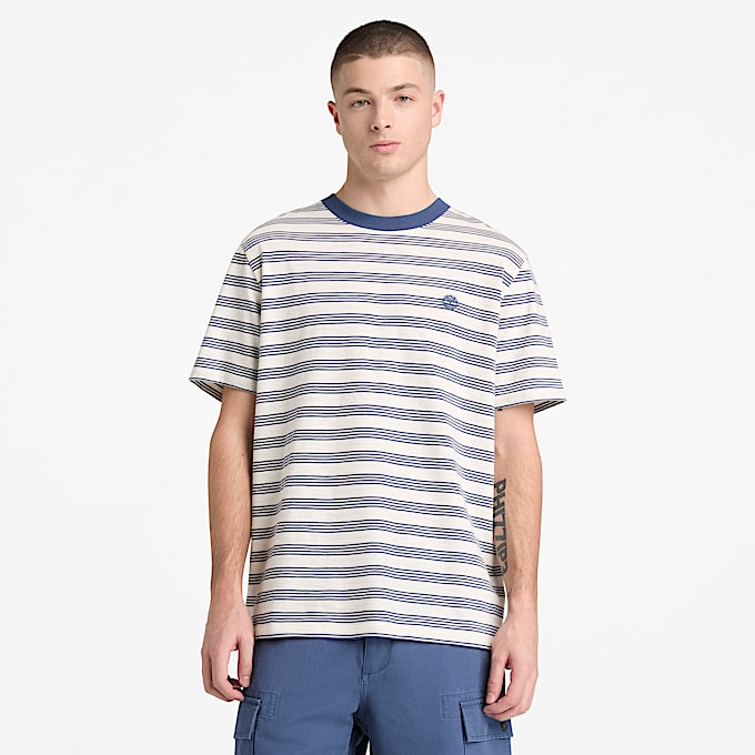 Striped ShortSleeve TShirt for Men in WhiteDark Blue TBL Blue ALT1