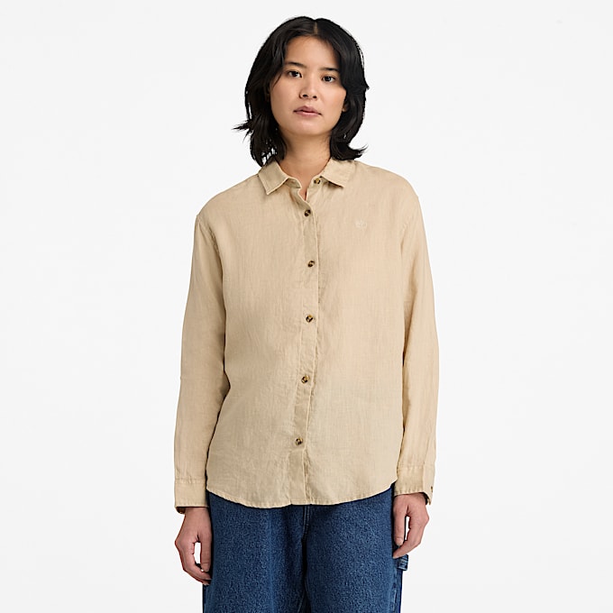 Long-Sleeve Linen Shirt for Women in Beige