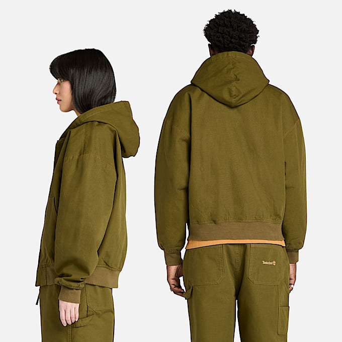 All Gender Washed Duck Canvas Hooded Bomber in Dark Green TBL Green ALT2