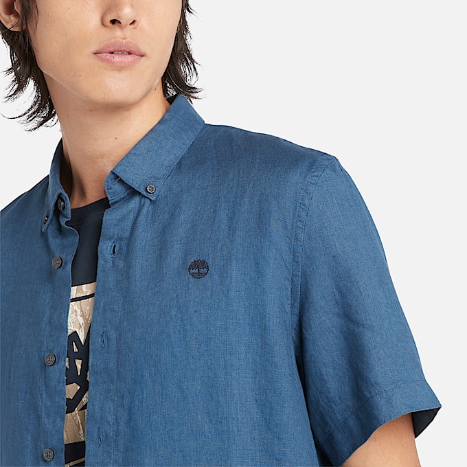 Camicia a Maniche Corte in Lino Mill Brook da Uomo in blu marino