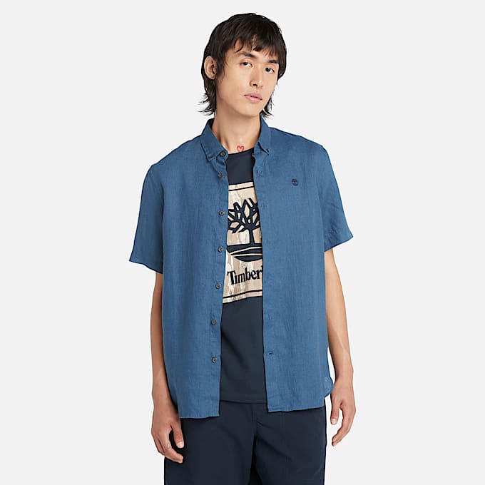 Mill Brook Linnen Overhemd met korte mouwen voor heren in marineblauw - 1