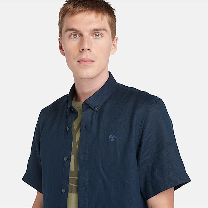 Camisa de lino Mill Brook de manga corta para hombre en azul oscuro