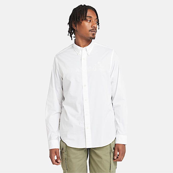 Long-Sleeve Stretch Poplin Shirt for Men in White - 1