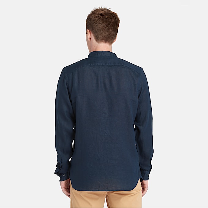 Camisa de cuello coreano Mill Brook de lino para Hombre en azul oscuro