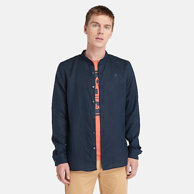 Camicia con Colletto alla Coreana in Lino Mill Brook da Uomo in blu scuro - 1