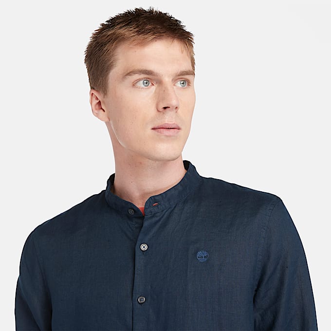 Camisa de cuello coreano Mill Brook de lino para Hombre en azul oscuro