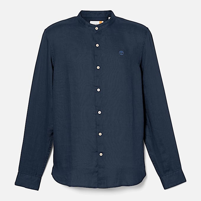 Camisa de cuello coreano Mill Brook de lino para Hombre en azul oscuro