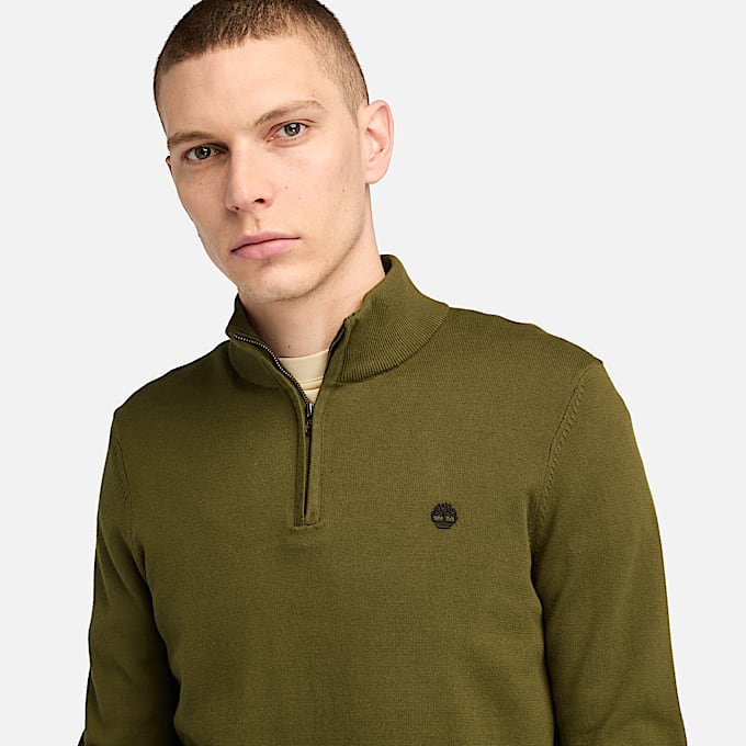 Jersey de hilo teñido con cremallera de 1/4 Williams River para hombre en verde
