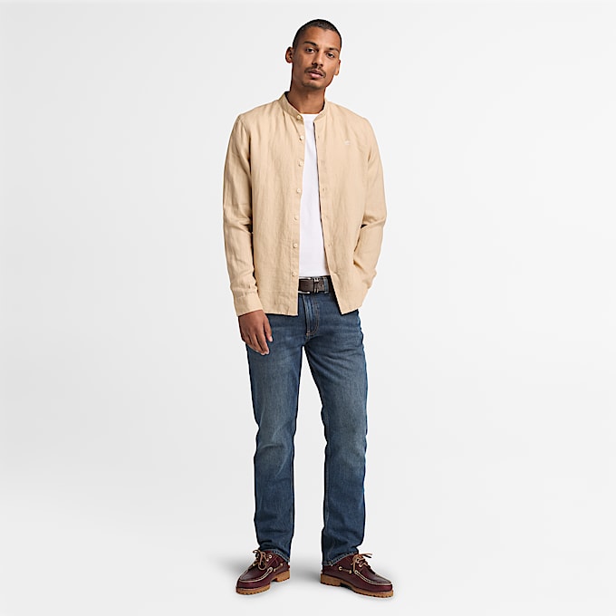 Mill Brook Linen Korean Collar Shirt for Men in Beige