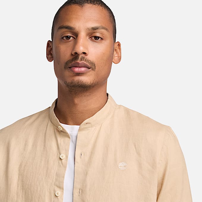 Mill Brook Linen Korean Collar Shirt for Men in Beige
