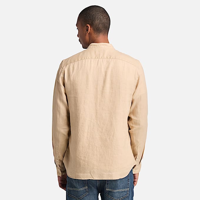 Mill Brook Linen Korean Collar Shirt for Men in Beige