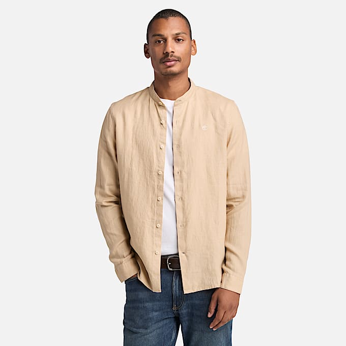Mill Brook Linen Korean Collar Shirt for Men in Beige - 1