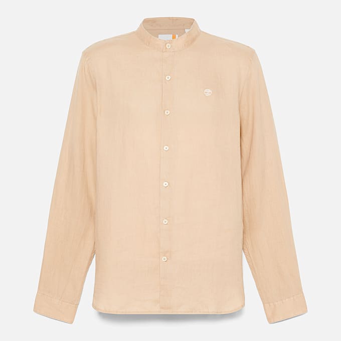 Mill Brook Linen Korean Collar Shirt for Men in Beige