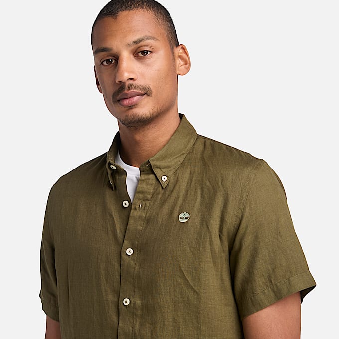 Camicia a Maniche Corte in Lino Mill Brook da Uomo in verde