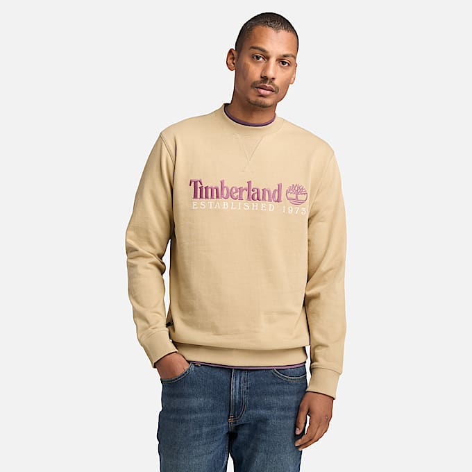 Established 1973 Embroidered Logo Crewneck Sweatshirt for Men in Beige - 1