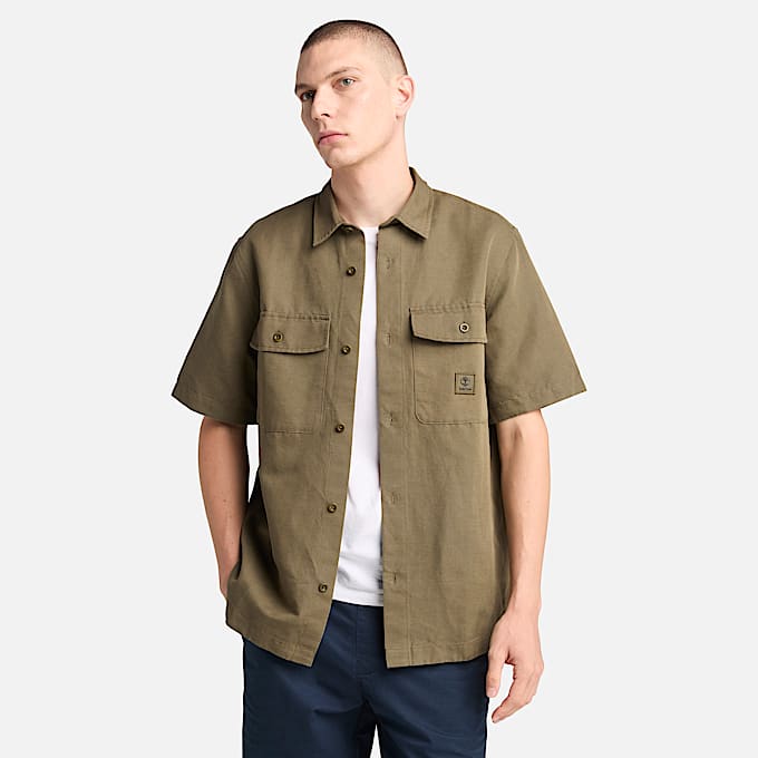 Cotton Linen Utility Overshirt for Men in Green - 1