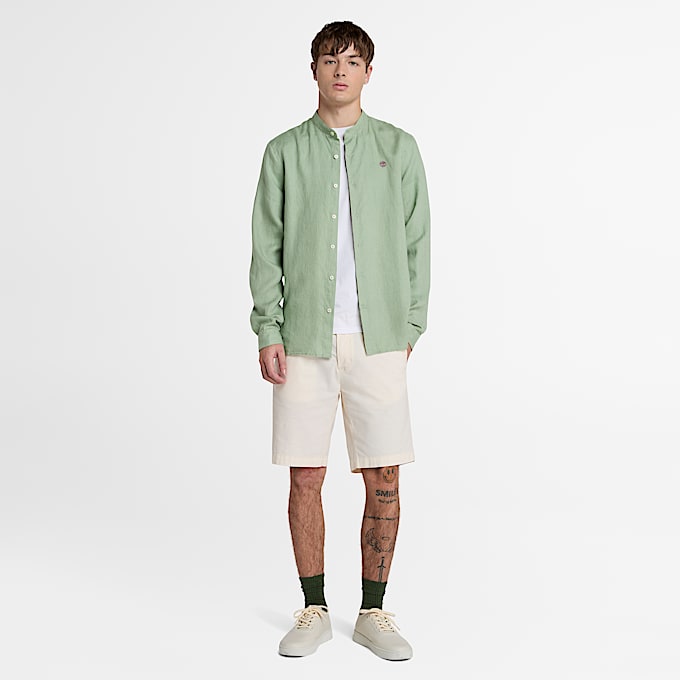 Mill Brook Linen Korean Collar Shirt for Men in Green