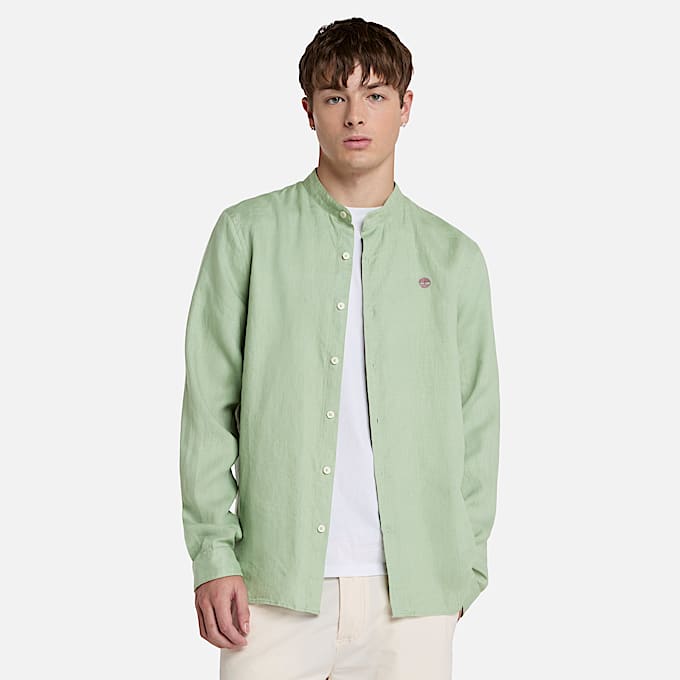 Mill Brook Linen Korean Collar Shirt for Men in Green - 1