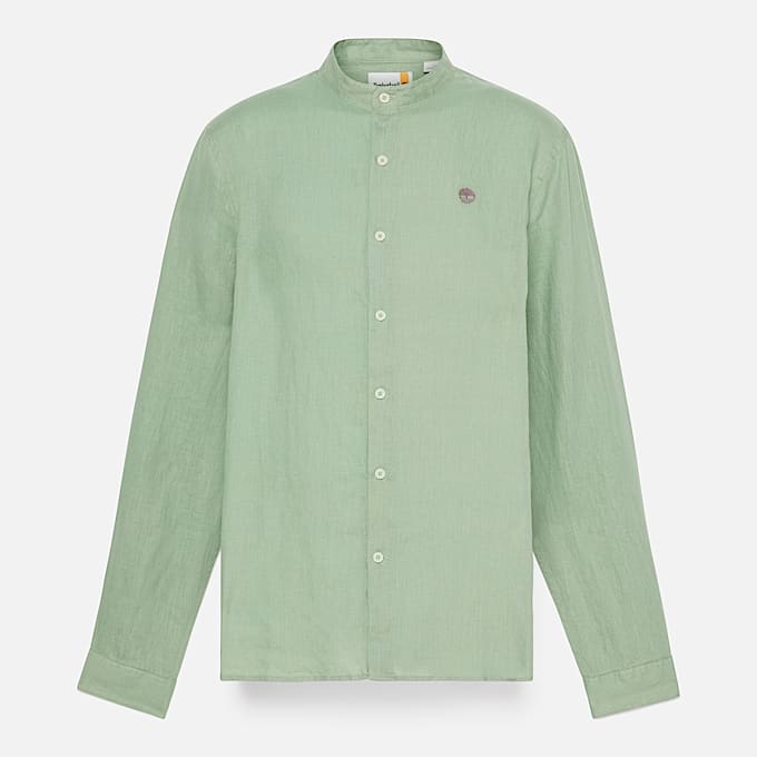 Mill Brook Linen Korean Collar Shirt for Men in Green