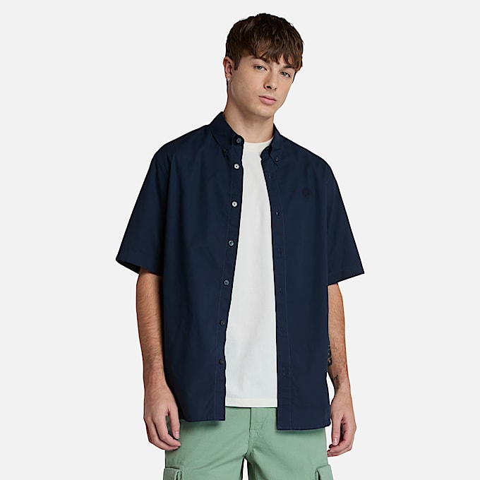 Chemise en popeline stretch à manches courtes pour homme en bleu foncé
