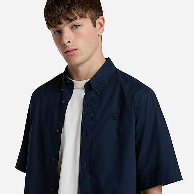 Chemise en popeline stretch à manches courtes pour homme en bleu foncé