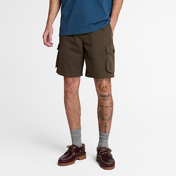Pantalones cortos militares en lino y algodón para hombre en verde - 1