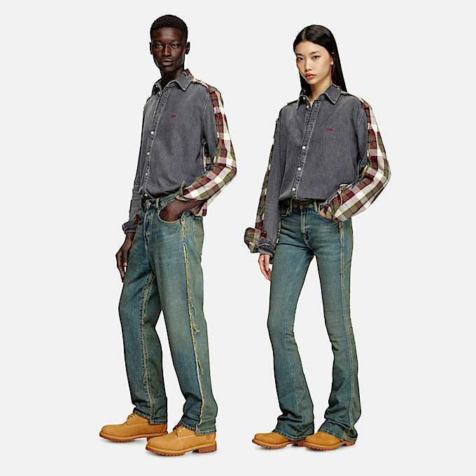 Camicia in denim e tessuto check - 1