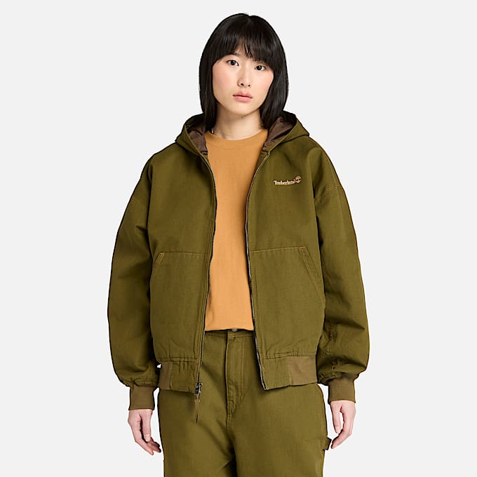 All Gender Bomberjacke aus gewaschenem Duck-Canvas mit Kapuze in Dunkelgrün