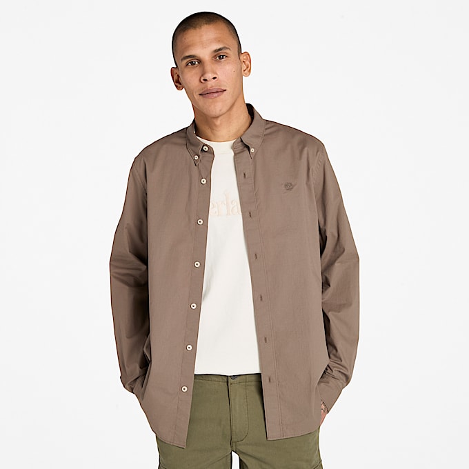 Long-Sleeve Stretch Poplin Shirt for Men in Brown - 1