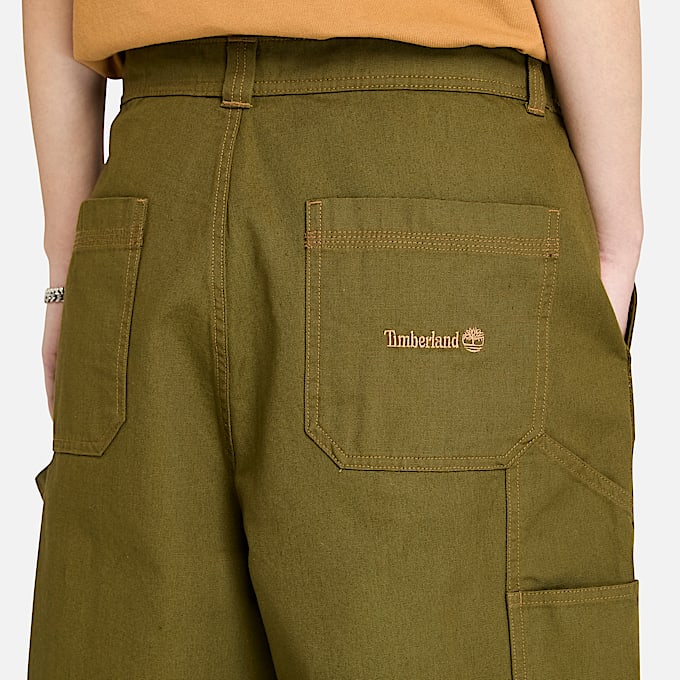 Pantalon charpentier en toile dense délavée unisexe en vert foncé