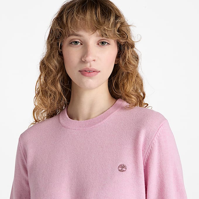 Jersey de cuello redondo en lana merina para mujer en rosa