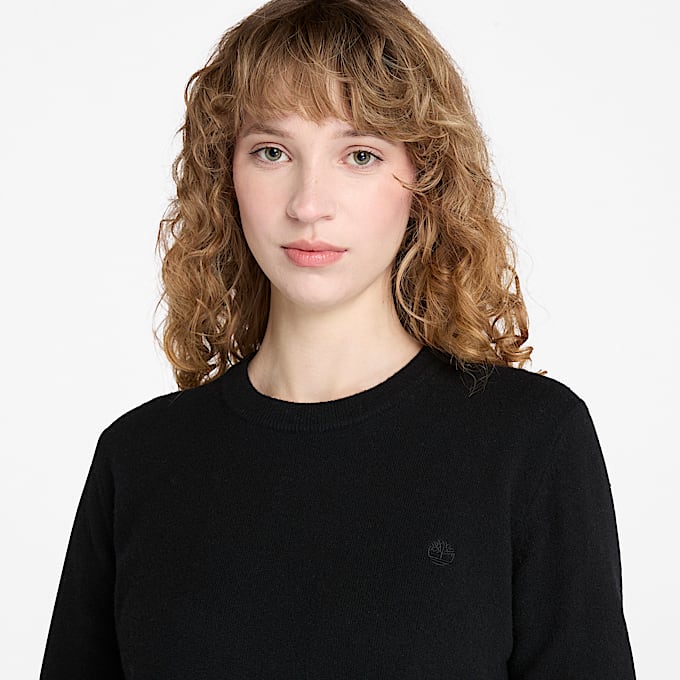 Jersey de cuello redondo en lana merina para mujer en negro