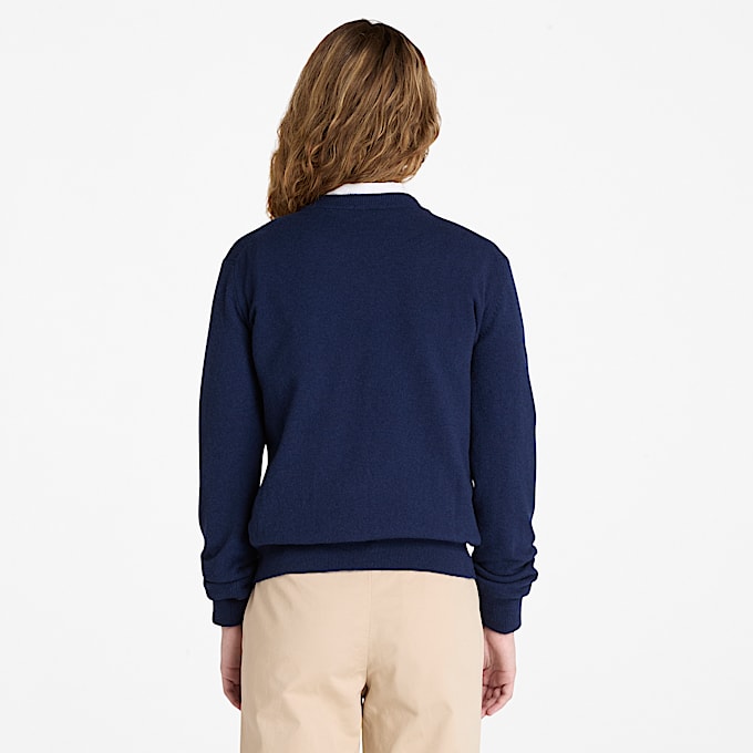 Jersey de cuello redondo en lana merina para mujer en azul oscuro