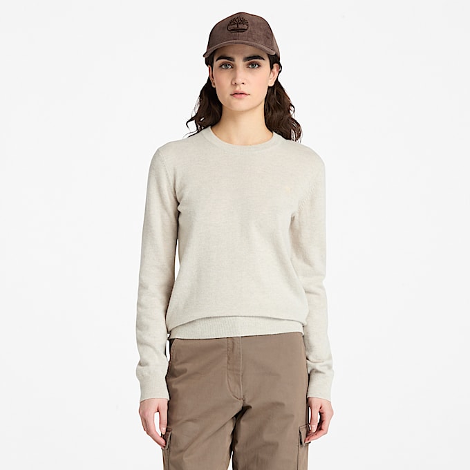 Jersey de cuello redondo en lana merina para mujer en beis - 1
