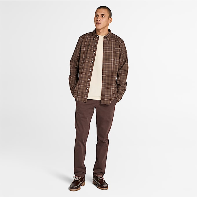 Stretch Poplin Check Shirt for Men in Brown