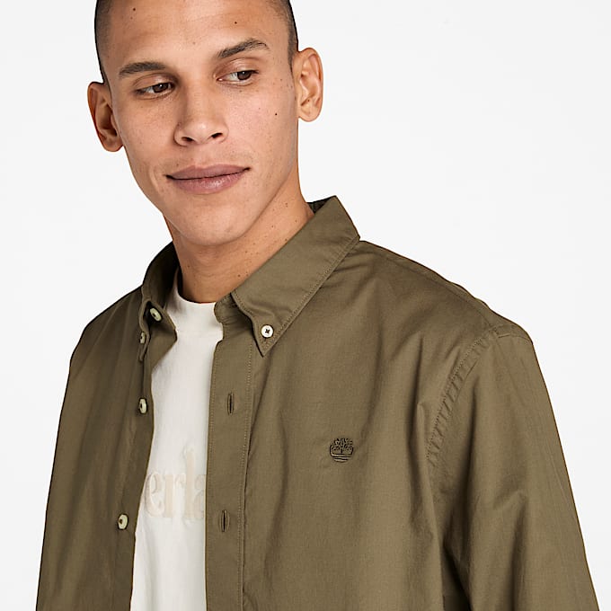 Long-Sleeve Stretch Poplin Shirt for Men in Brown