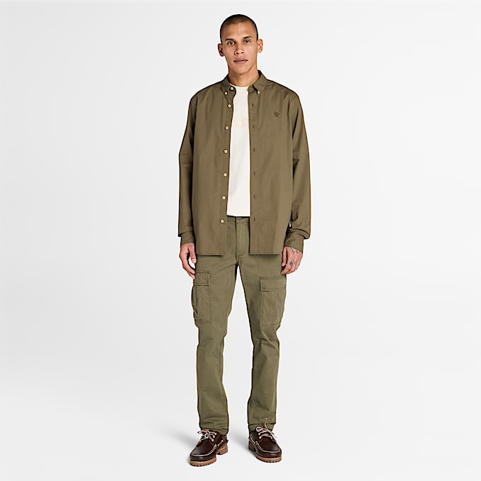 Long-Sleeve Stretch Poplin Shirt for Men in Brown
