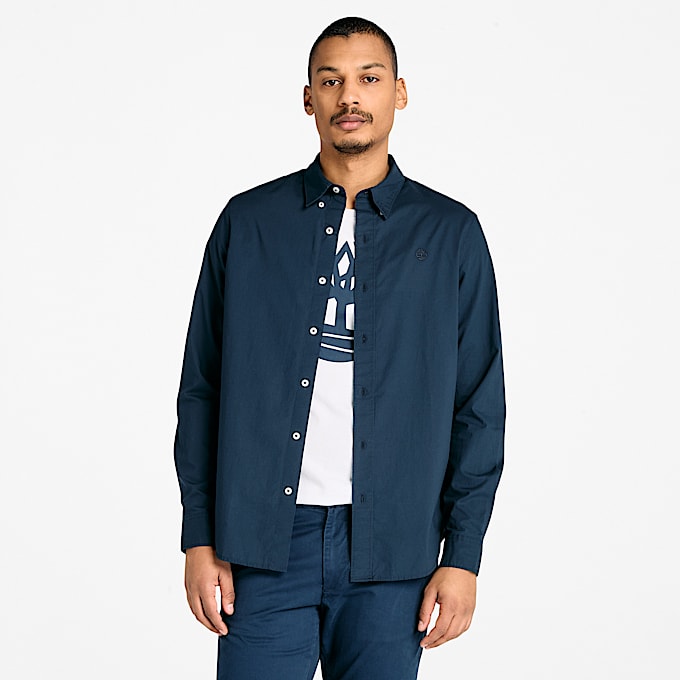 Long-Sleeve Stretch Poplin Shirt for Men in Dark Blue - 1