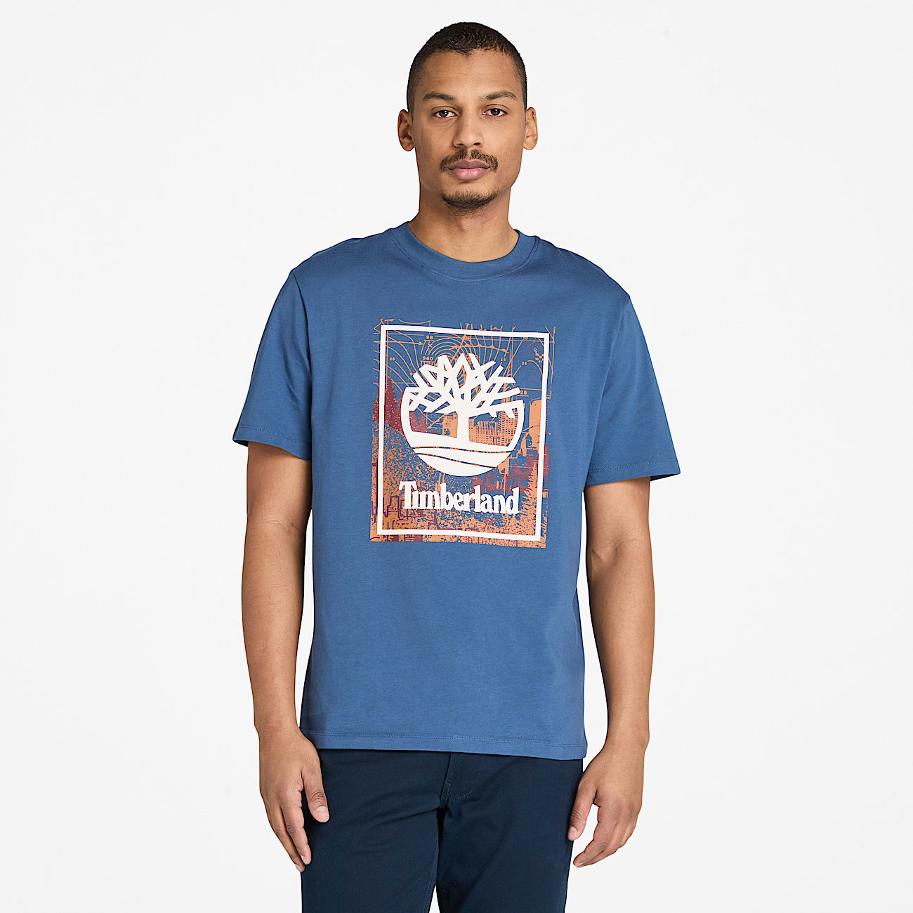 Front Seasonal Stack Logo Graphic TShirt for Men in Dark Blue TBL Blue HERO