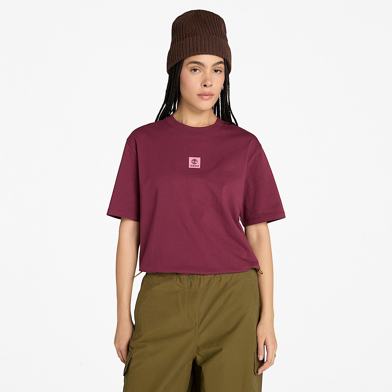 Timberland Stack Logo ShortSleeve TShirt for Women in Burgundy TBL Burgundy HERO