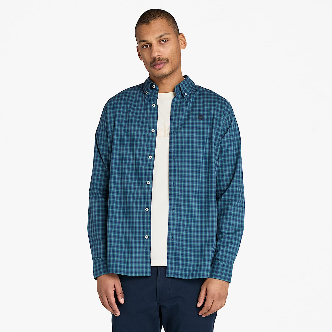 Stretch Poplin Gingham Shirt for Men in Dark Blue