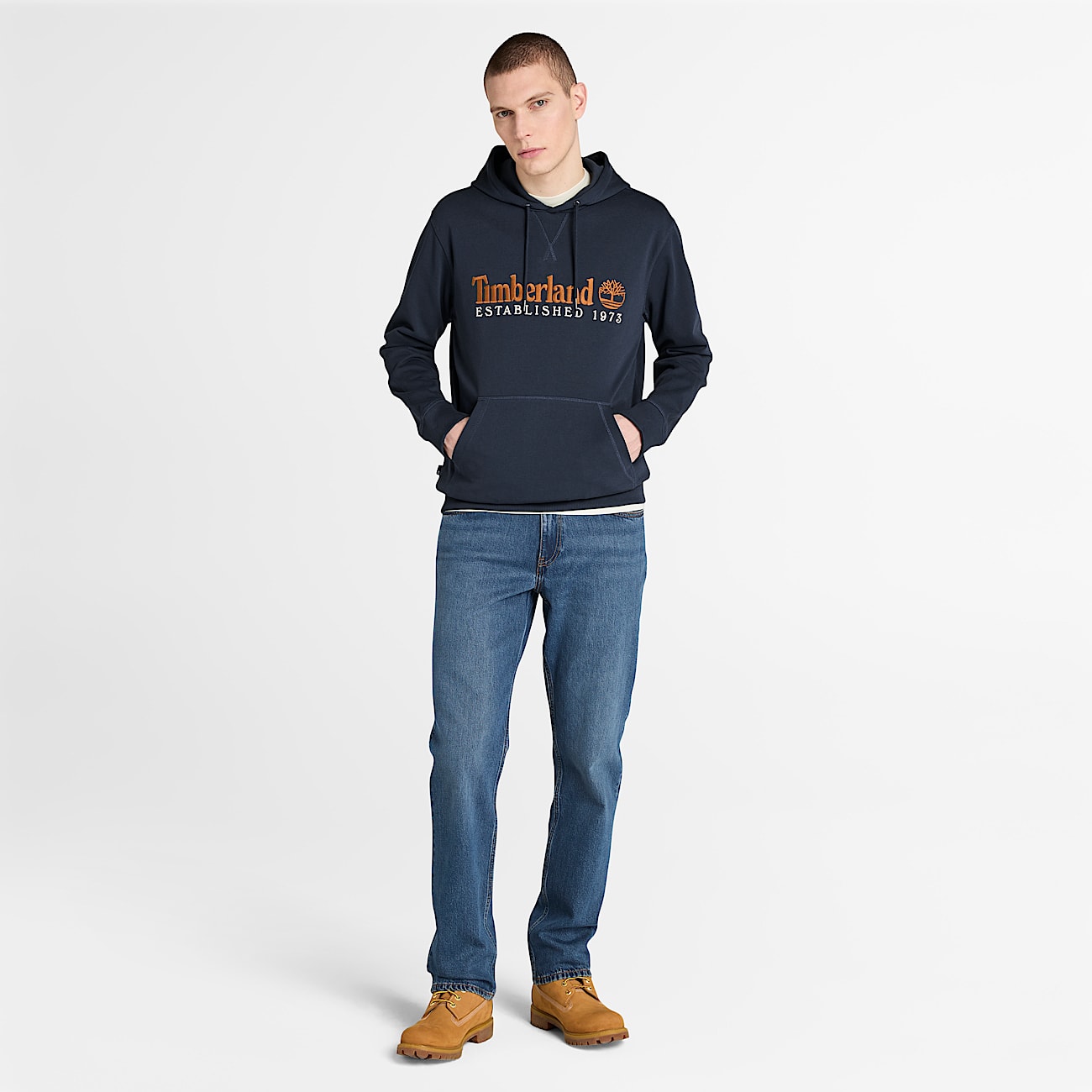 Established 1973 Embroidered Logo Loopback Hoodie for Men in Dark Blue TBL Blue ALT1